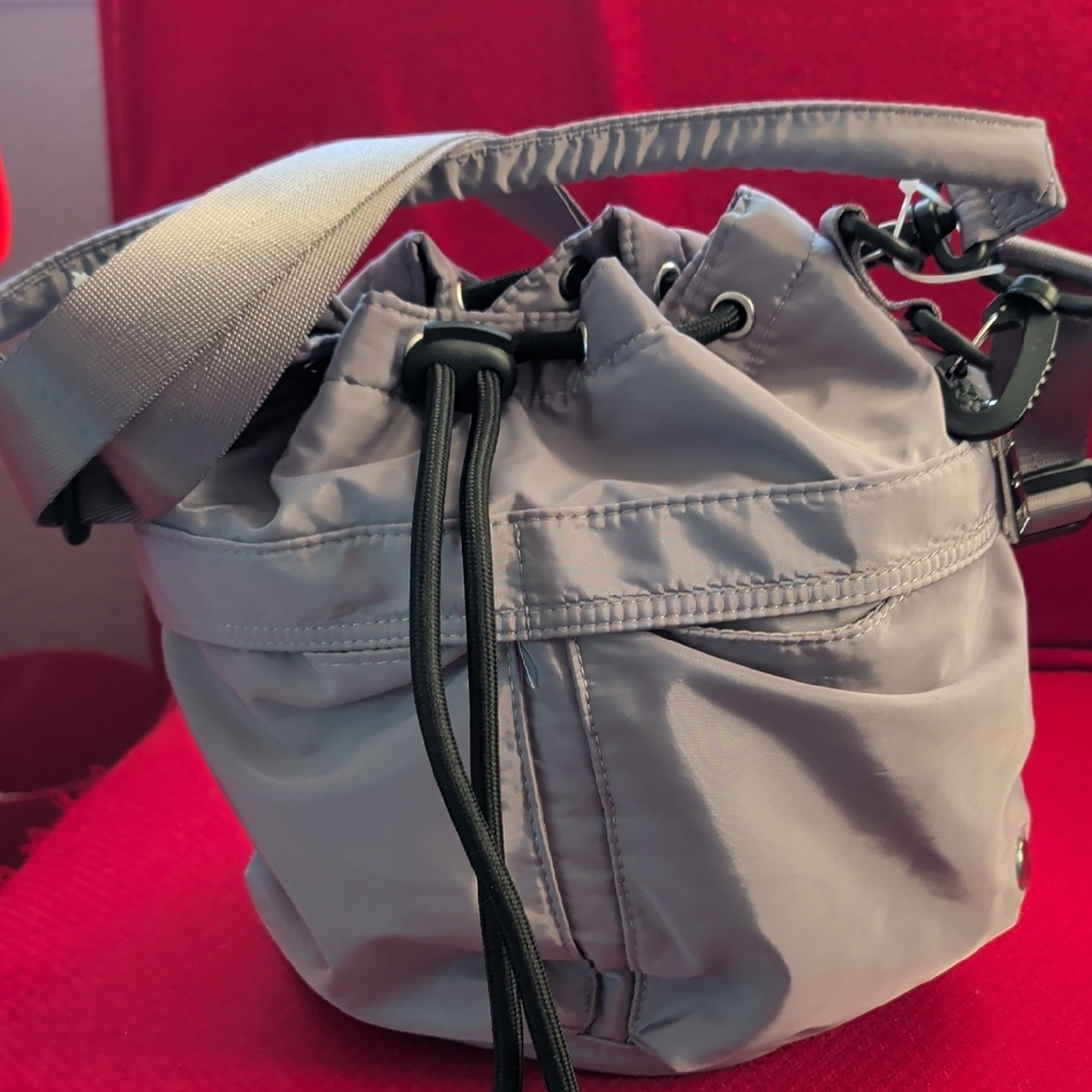 BearPaw Light Gray Drawstring Bucket Shoulder Bag